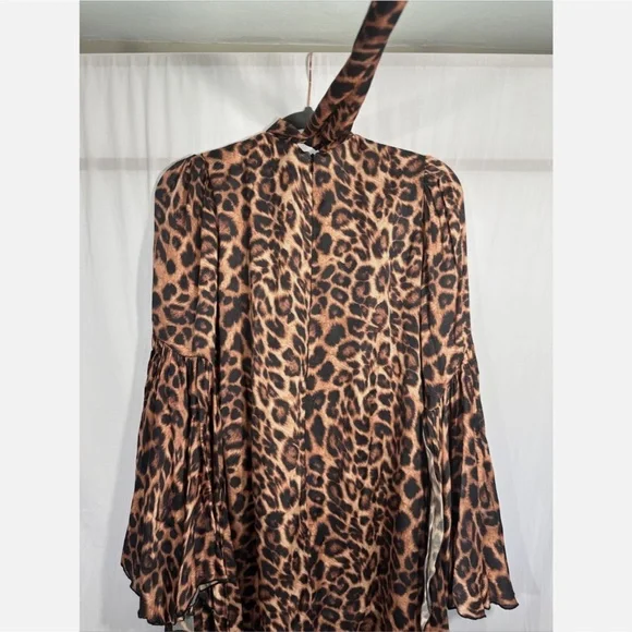 NWT Chloe Kristyn [ Small ] Satin Bell Sleeve Mini Dress in Leopard Animal Print - Picture 13 of 14